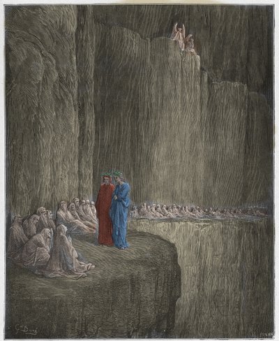 Purgatorio, Canto 13: Sapia limpia su vida culpable, ilustración de La Divina Comedia de Dante Alighieri, 1885 (grabado coloreado digitalmente) de Gustave after Dore